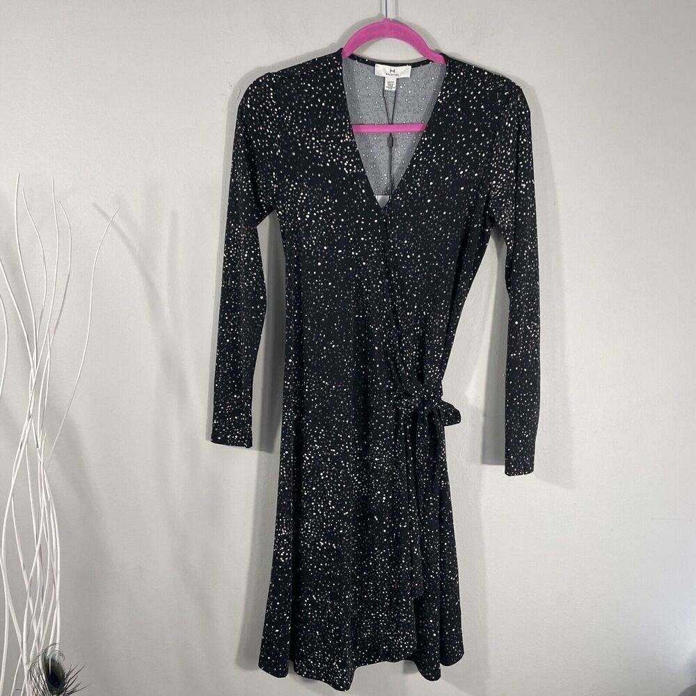 H by Halston Women’s Wrap Dress Long Sleeves Black Speckled Print Size XS/TP